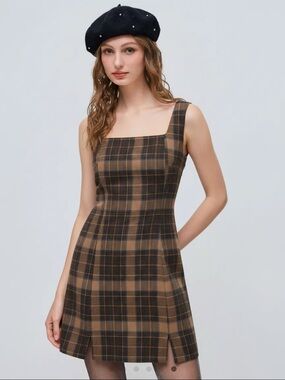Cider Brown and Black Plaid Square-Neck Mini Dress